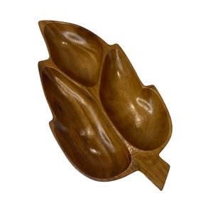 Vintage Wooden Leaf Shaped Serving Tray 3-Compartment Divided Wood Plate